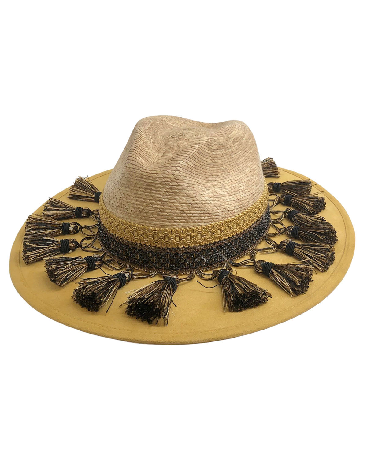 Sombrero country palma/ante color amarillo con borlas negro/bei talla G