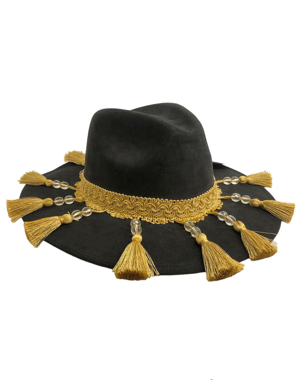 Sombrero country color negro de ante con borlas doradas talla G