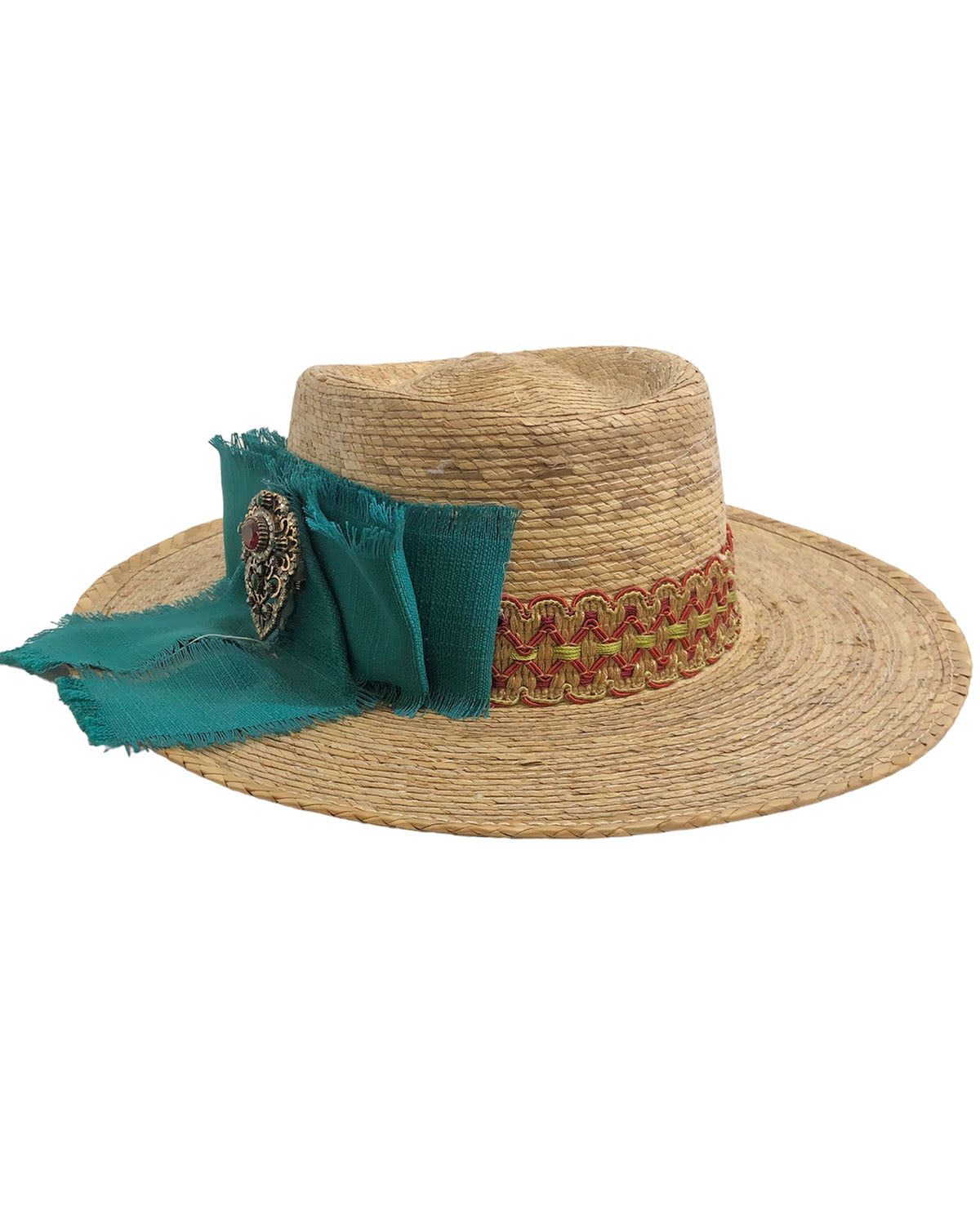 Sombrero de palma con lazo color turquesa y broche con piedras