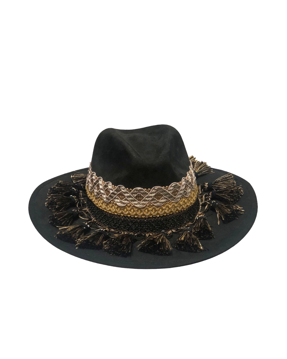 Sombrero black, negro toquilla ancha borlas negro/beige talla mediano