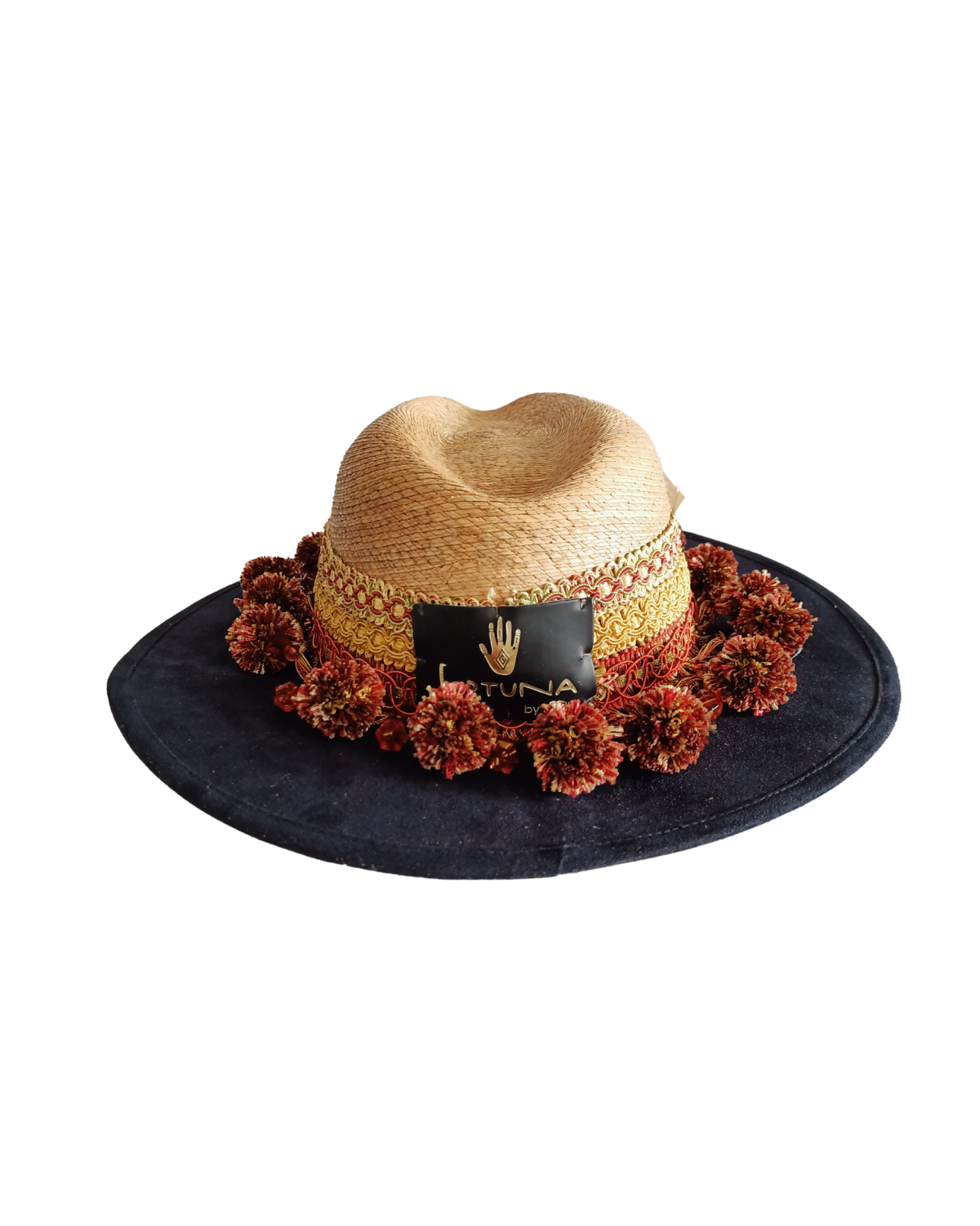 Sombrero fortuna black tipo country color azul marino/Palma pompones rojos
